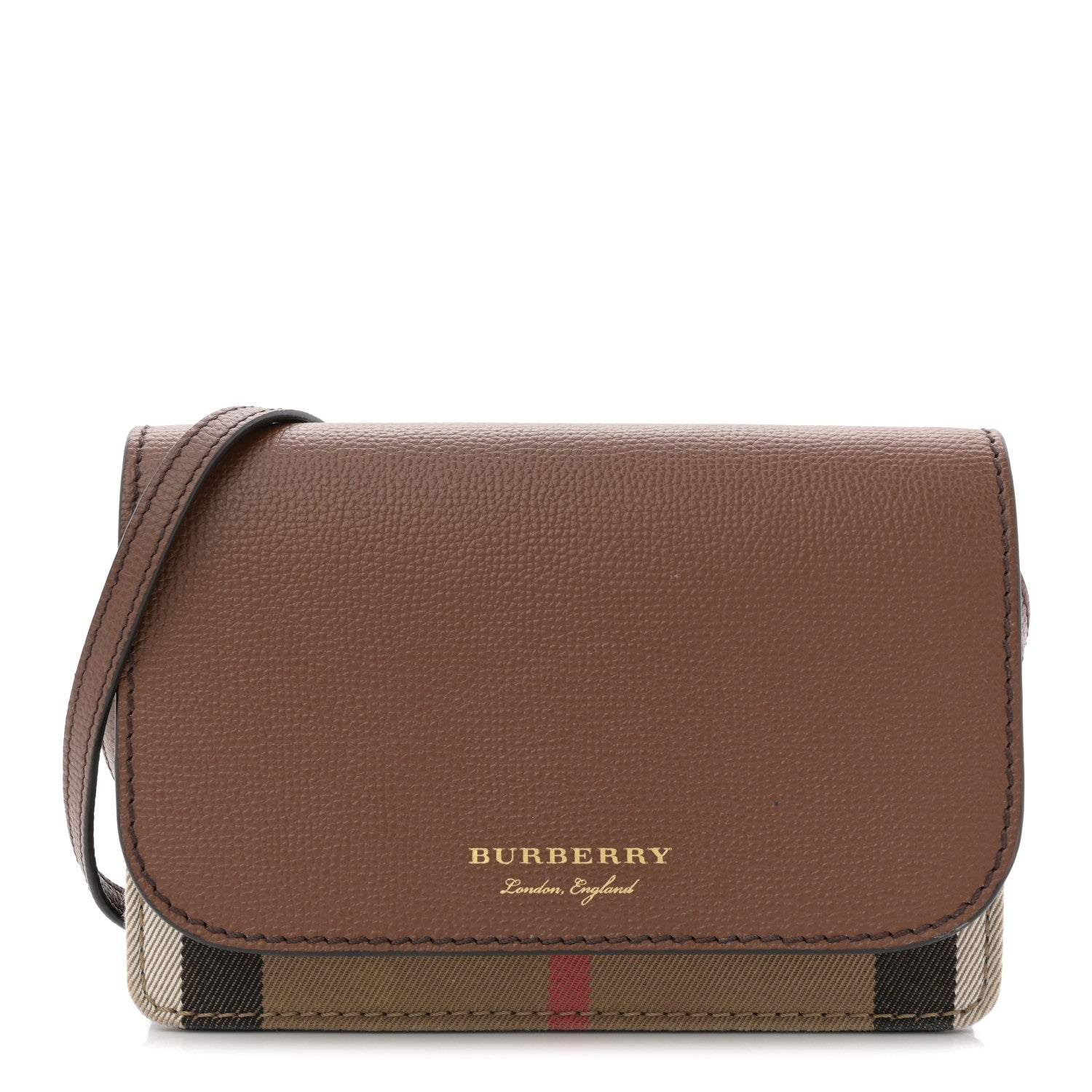 Burberry Grained Calfskin House Check Tartan Mix Hampshire Wallet On Chain Tan 1 of 12