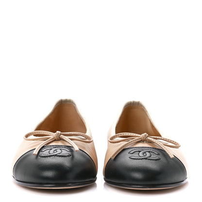 Chanel Lambskin Cap Toe CC Ballerina Flats 37 Beige Black 2 of 9