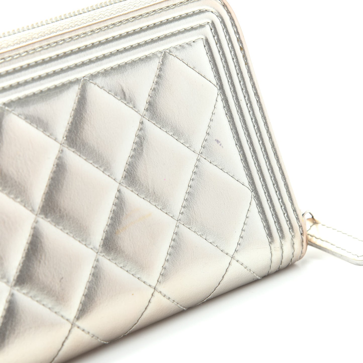 Metallic Calfskin Quilted Boy Zip Around Wallet Silver