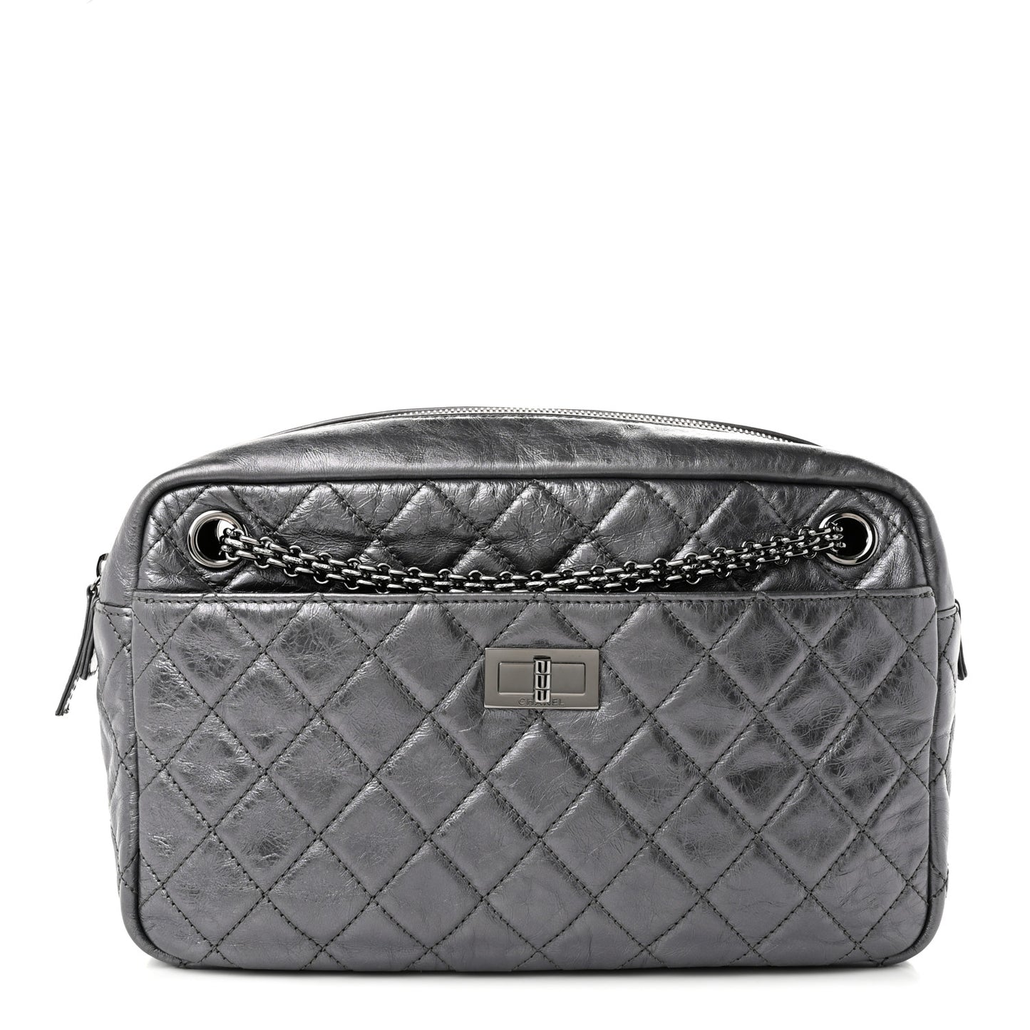 Metallic Aged Calfskin Quilted Medium Reissue Camera Case Dark Silver