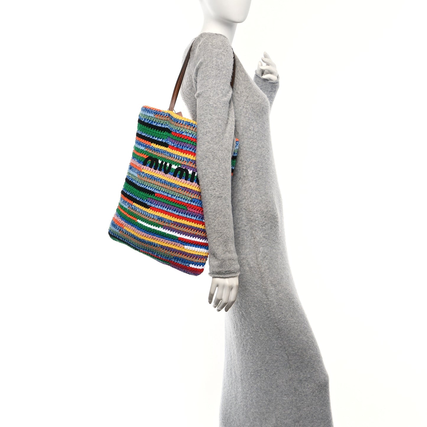 Cotton Crochet Stripe Vertical Tote Bag Multicolor