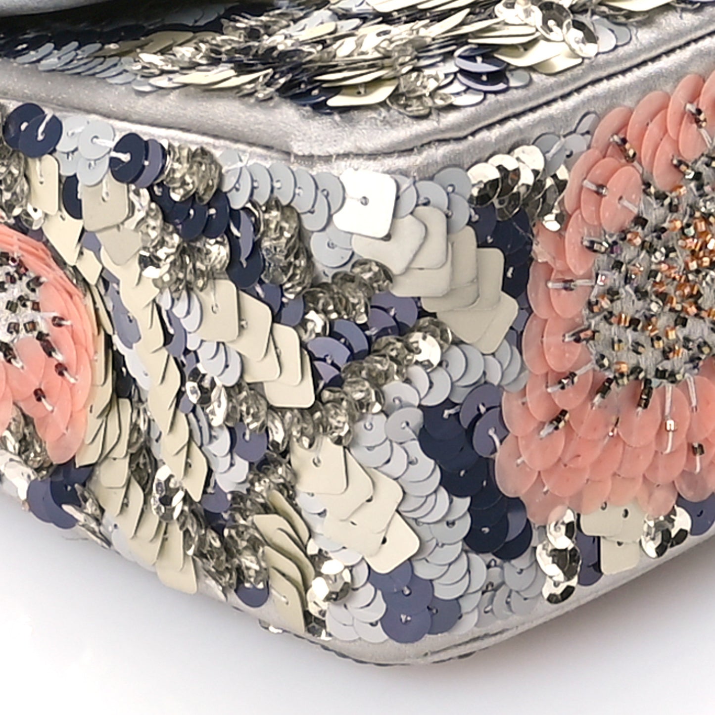 Satin Sequin Embellished Flower Mini Rectangular Flap Argent Multicolor