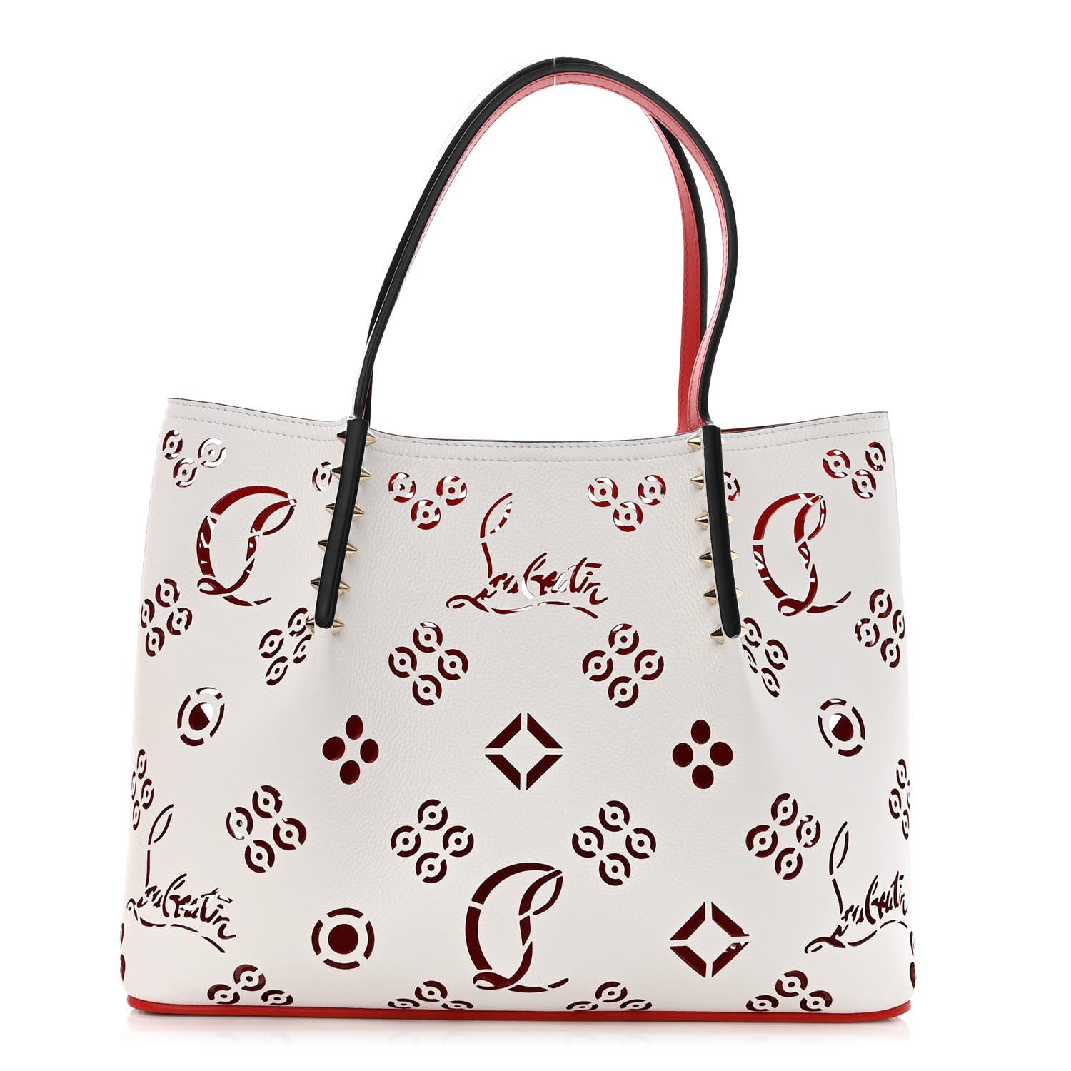 Christian Louboutin Calfskin Loubinthesky Small Perforated Cabarock Spikes Tote Snow 1 of 9