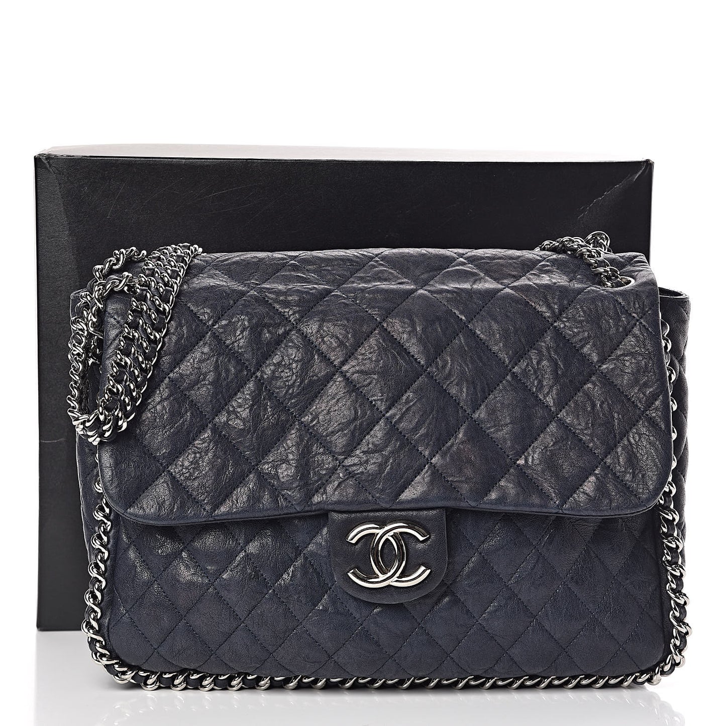 Washed Lambskin Quilted Chain Around Maxi Flap Dark Navy Blue
