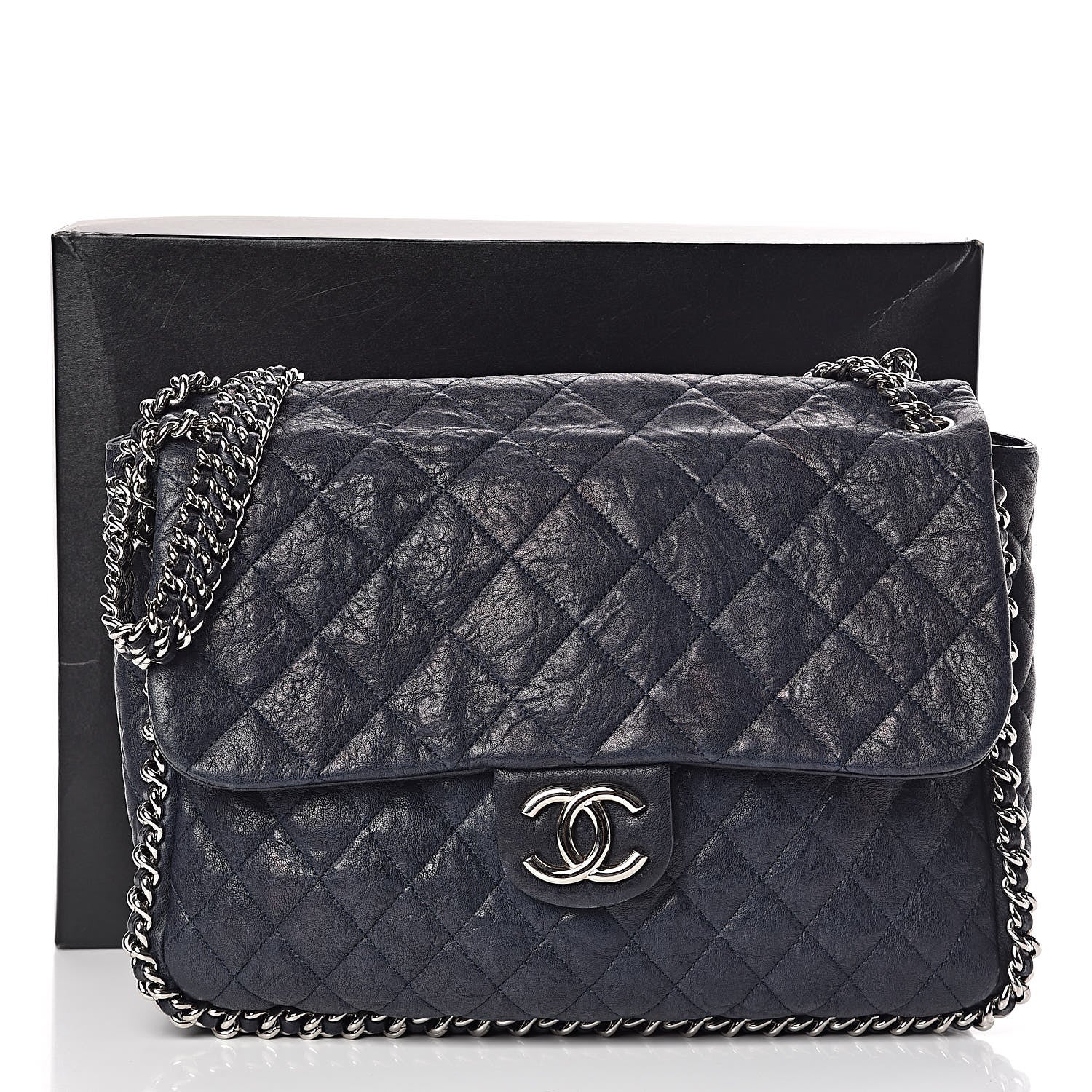 Chanel Washed Lambskin Quilted Chain Around Maxi Flap Dark Navy Blue 11 of 11