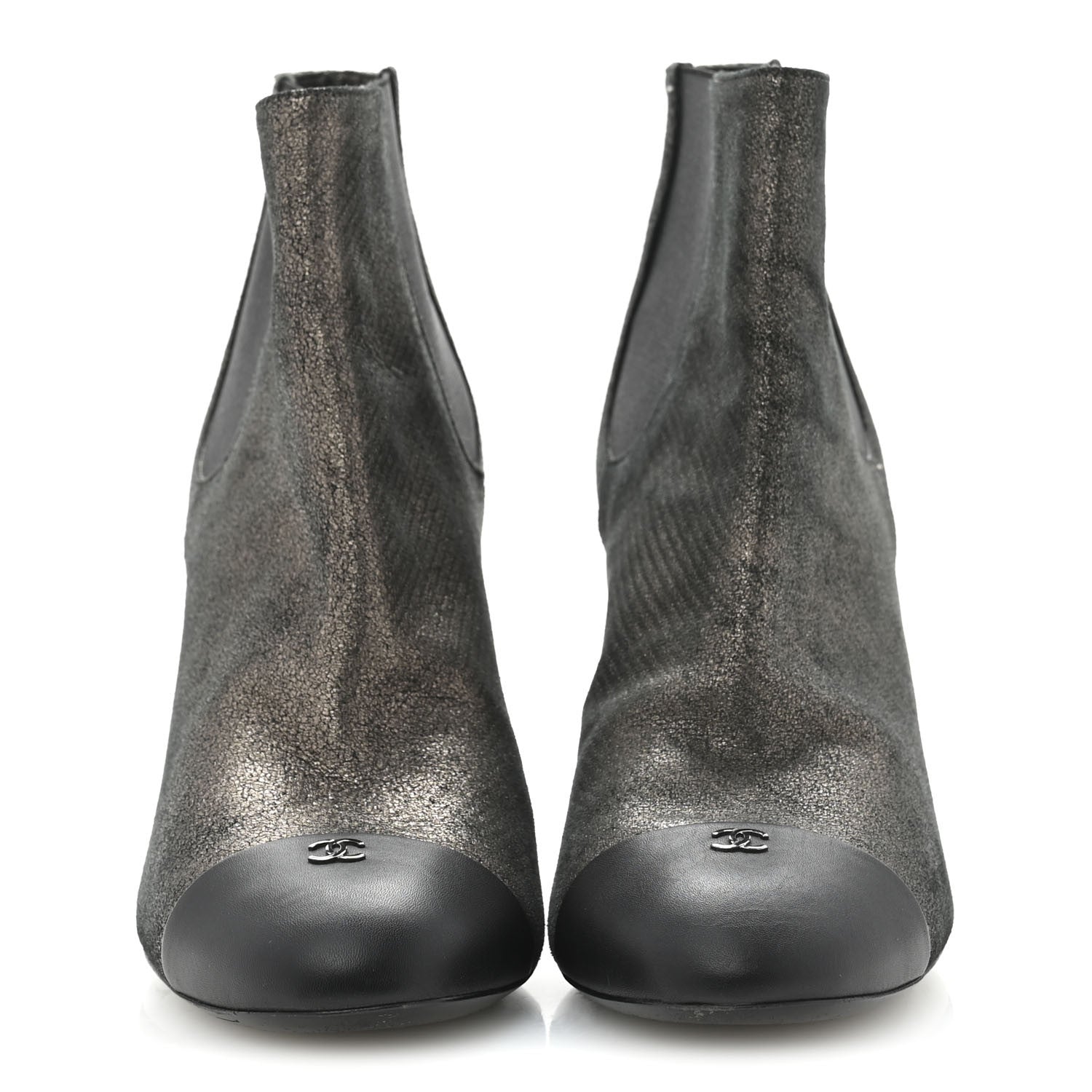 Chanel Embossed Lambskin Calfskin CC Cap Toe Ankle Boots 40 Argent Fonce Black 3 of 10