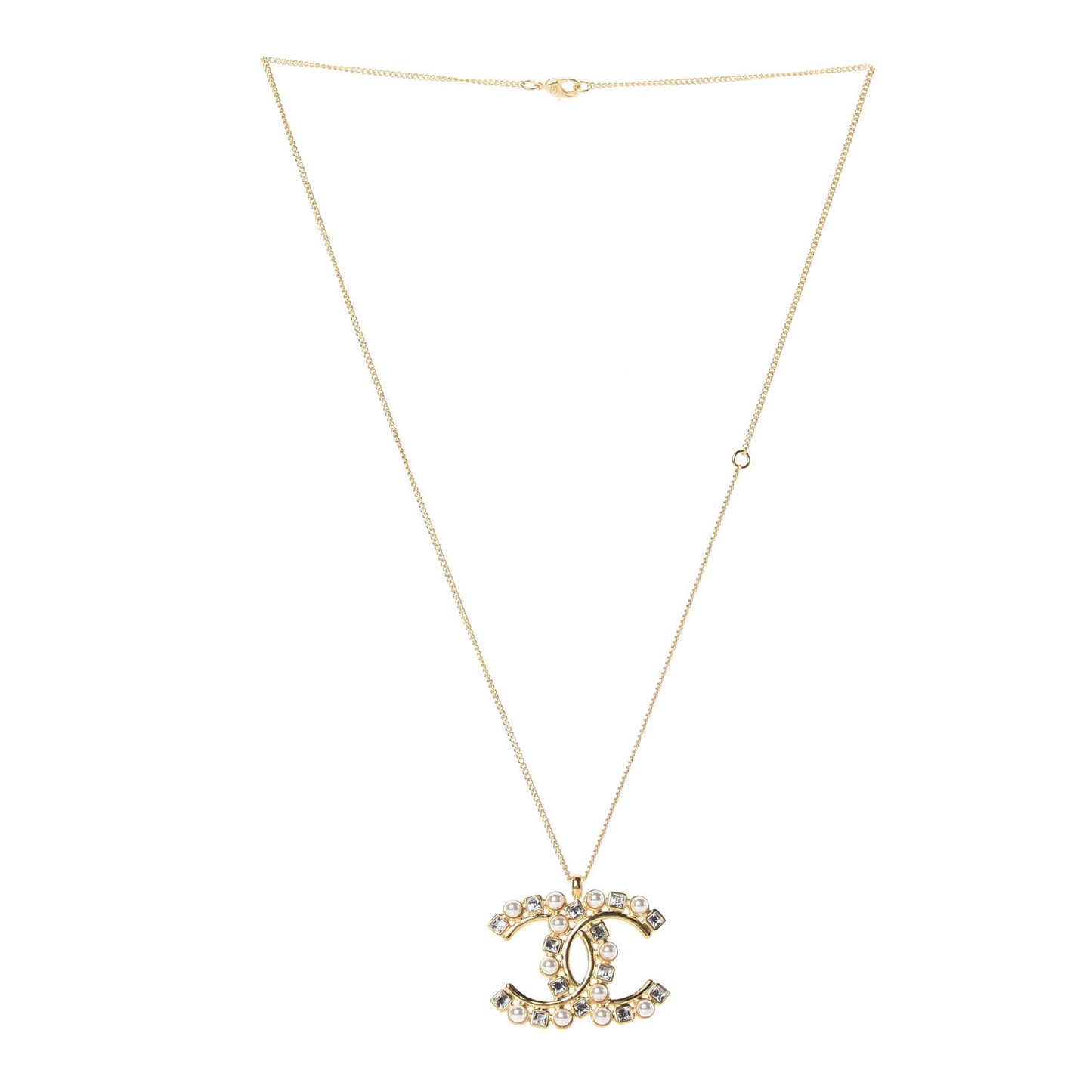 Crystal Pearl CC Pendant Necklace Gold