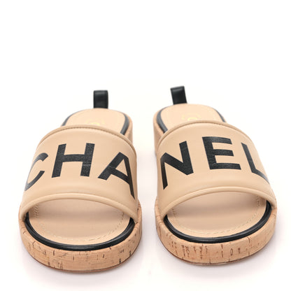 Chanel Calfskin Cork Logo Mule Sandal 38 Beige Black 2 of 8