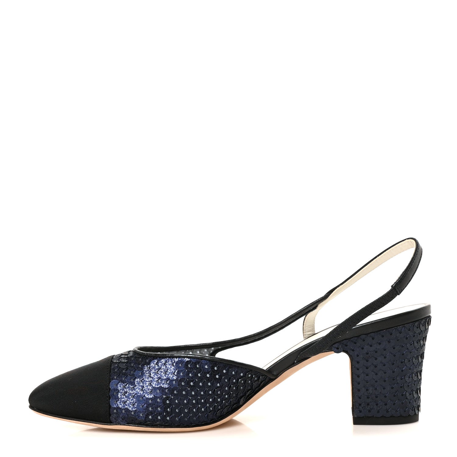 Chanel Glittered Muslin Grosgrain Cap Toe Slingback Pumps 39.5 Navy Blue Black 1 of 11