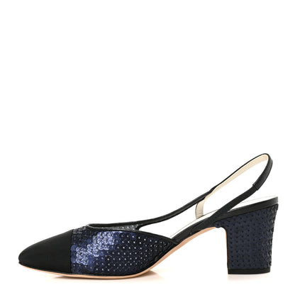 Chanel Glittered Muslin Grosgrain Cap Toe Slingback Pumps 39.5 Navy Blue Black 1 of 11