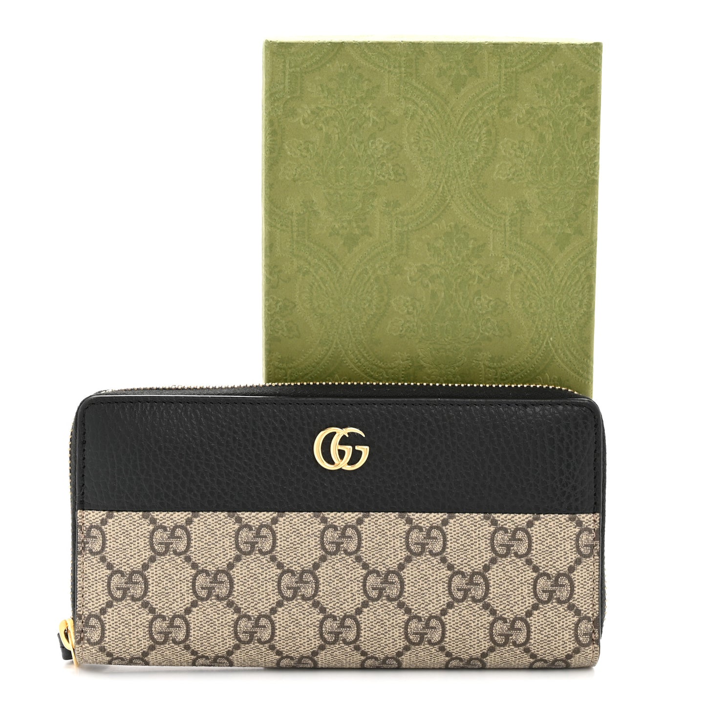 Dollar Calfskin GG Supreme Monogram GG Marmont Zip Around Wallet Black Beige Ebony
