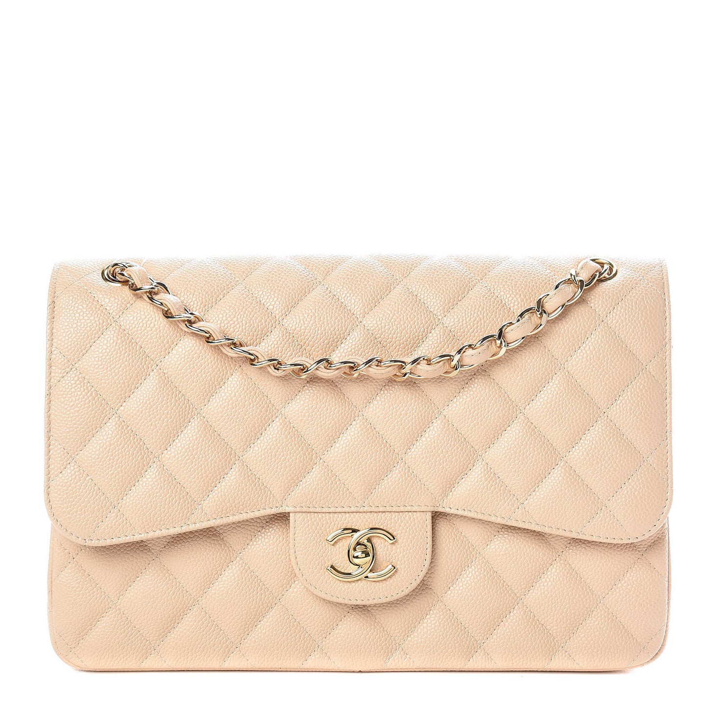 Caviar Quilted Jumbo Double Flap Light Beige