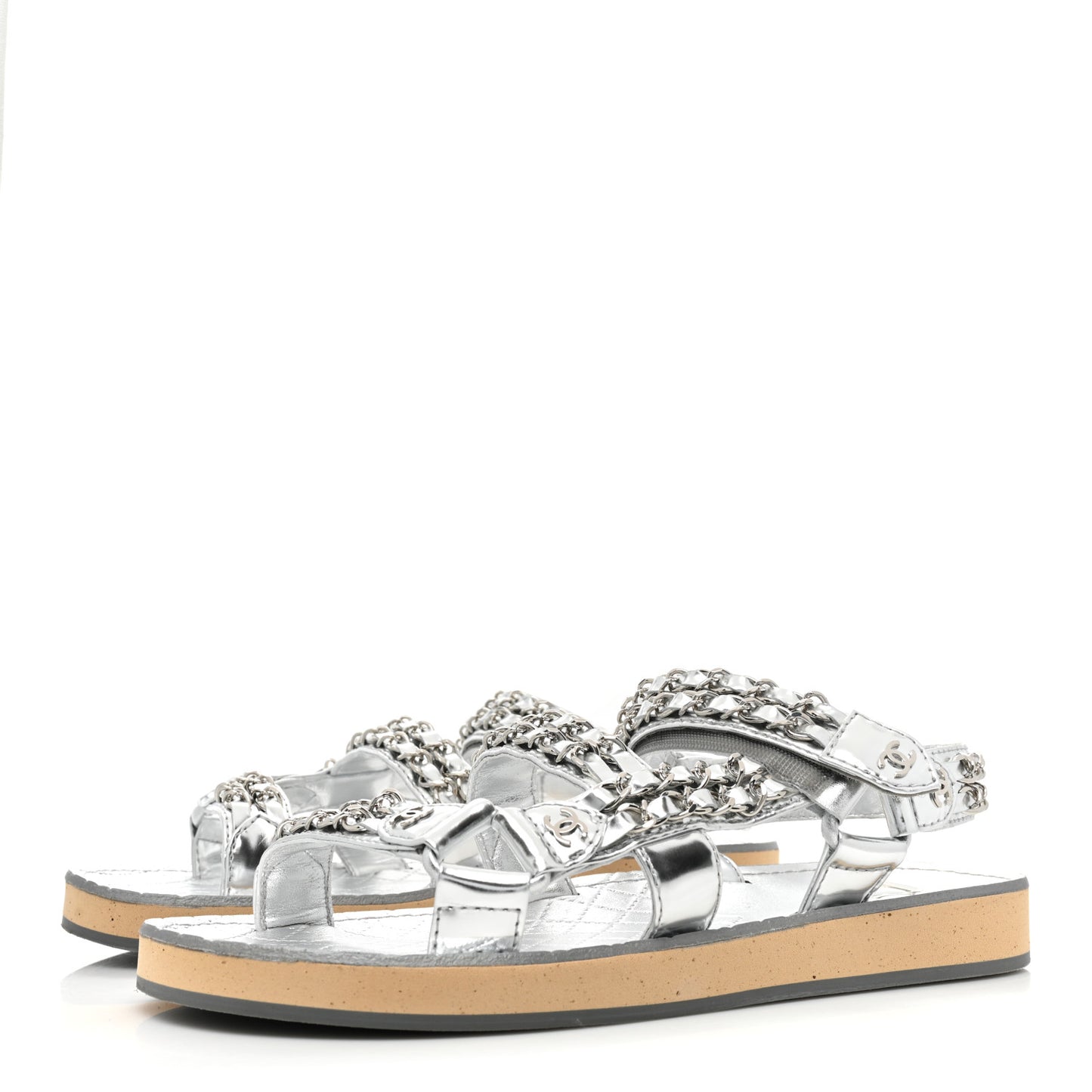 Metallic Laminated Goastkin Chain Flat Sandals 37 Silver
