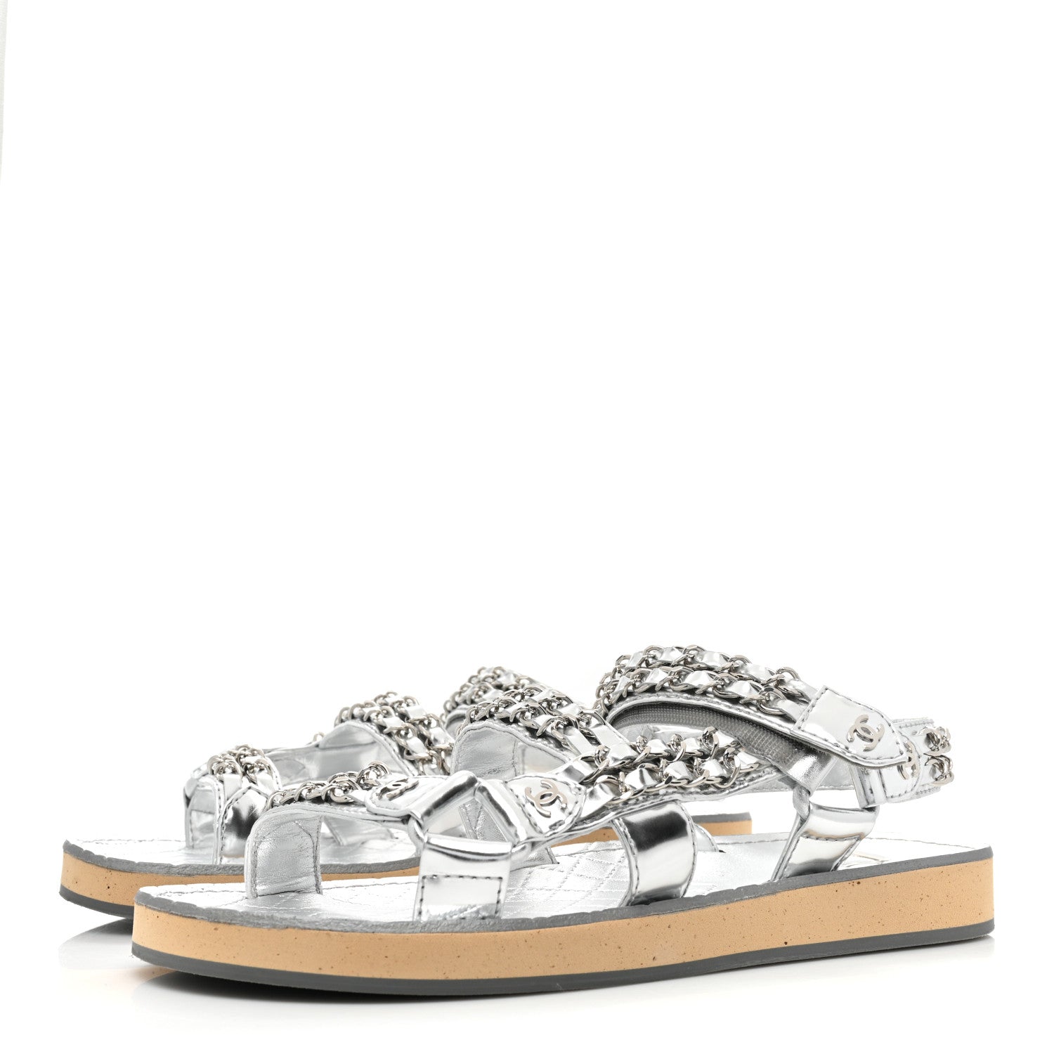 Chanel Metallic Laminated Goastkin Chain Flat Sandals 37 Silver 3 of 11
