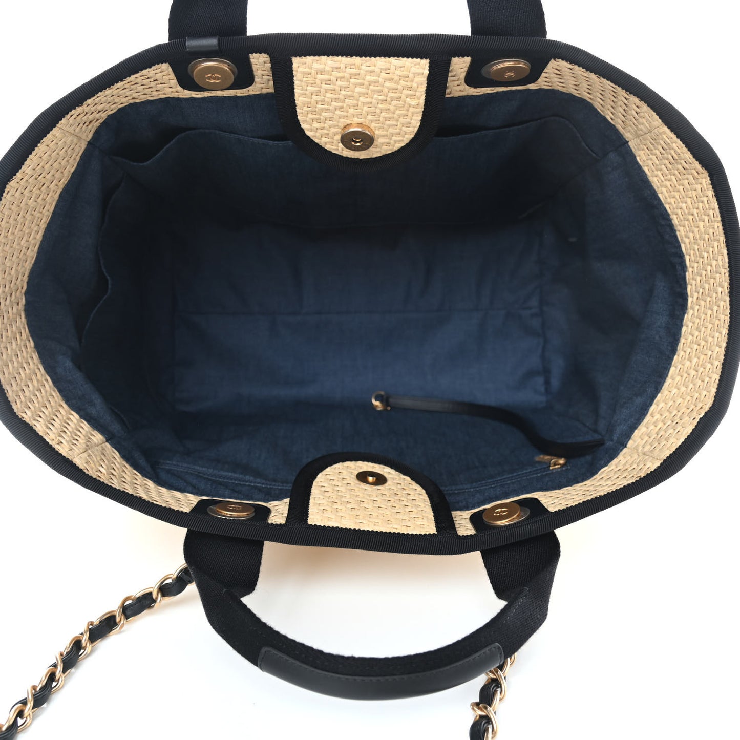 Straw Raffia Calfskin Chain Medium Deauville Tote Beige Black