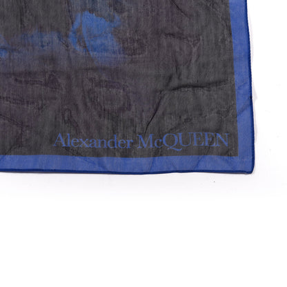 Alexander McQueen Cotton Silk Feather Border Scarf Black Blue 2 of 3