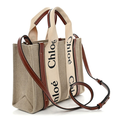 Chloe Cotton Calfskin Small Woody Ribbon Tote With Strap White Brown 3 of 12