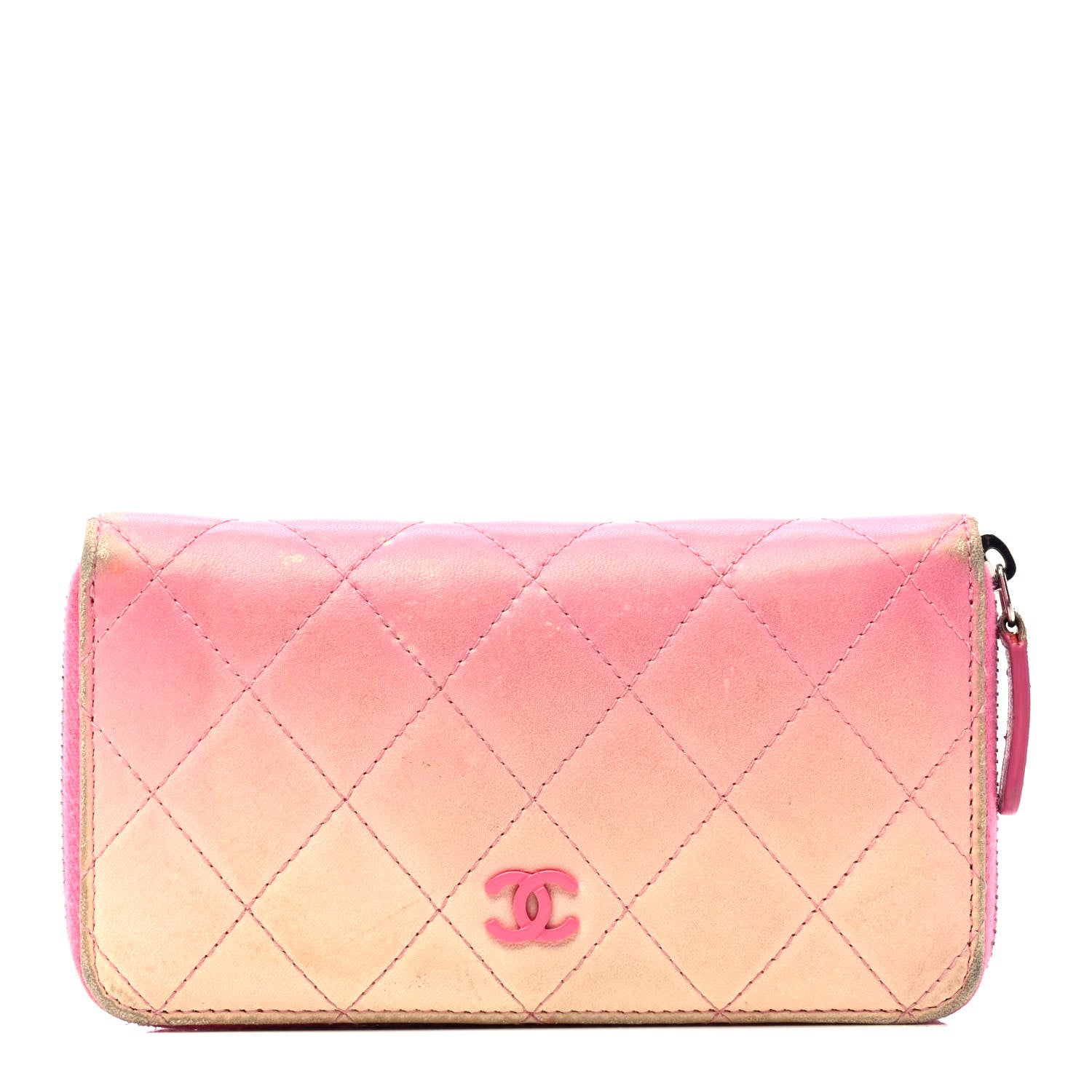 Chanel Faded Lambskin Quilted Small Zephyr Zip Around Wallet Dark Pink 1 of 4