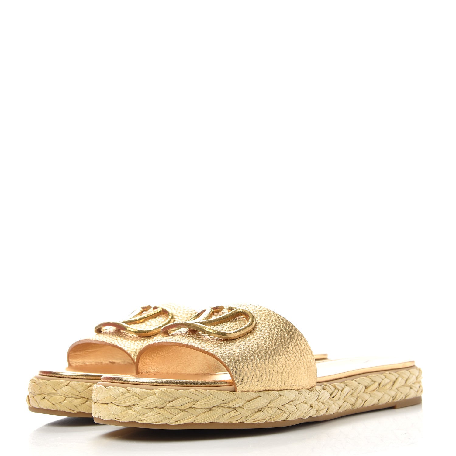 Valentino Garavani Metallic Pebbled Calfskin Vlogo Espadrille 5mm Flat Slide Sandals 41 Antique Brass 3 of 11