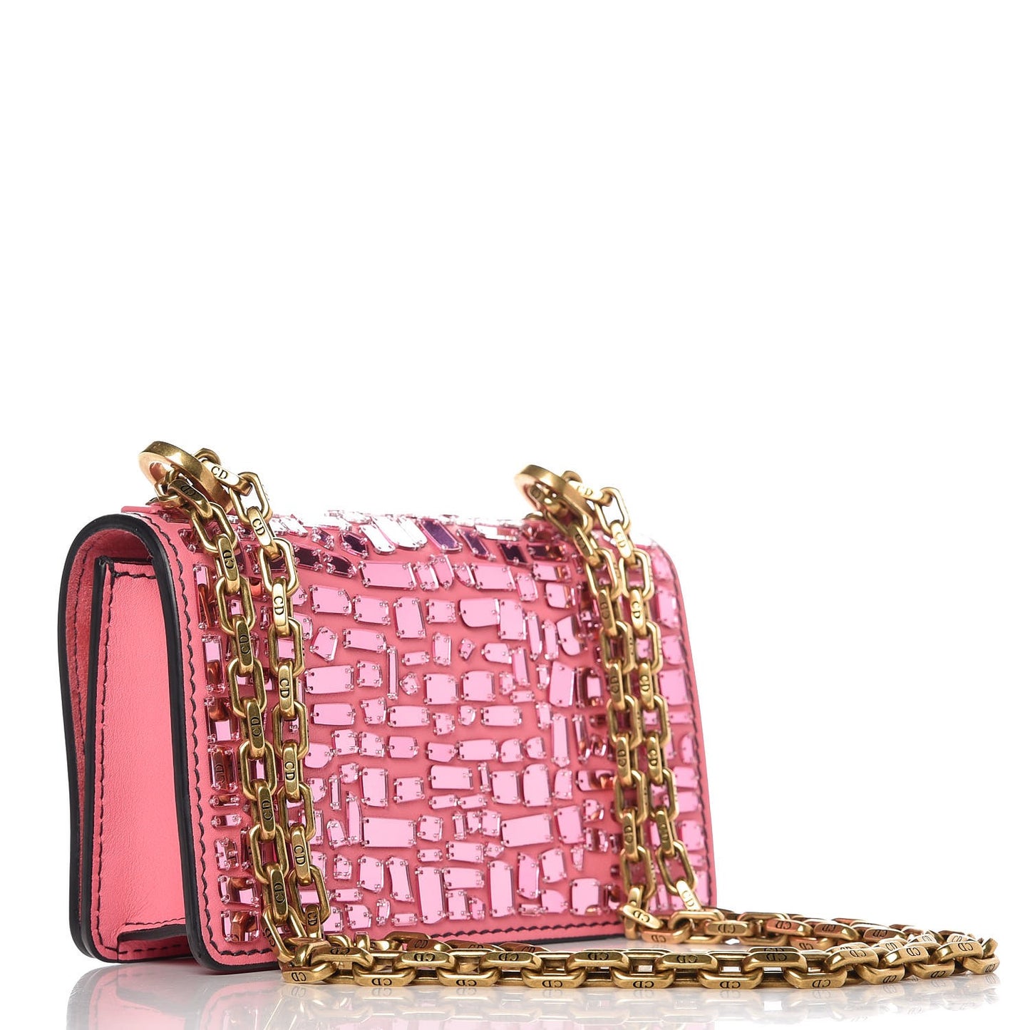 Smooth Calfskin Embroidered Mosaic of Mirrors Mini J'Adior Chain Flap Bag Pink