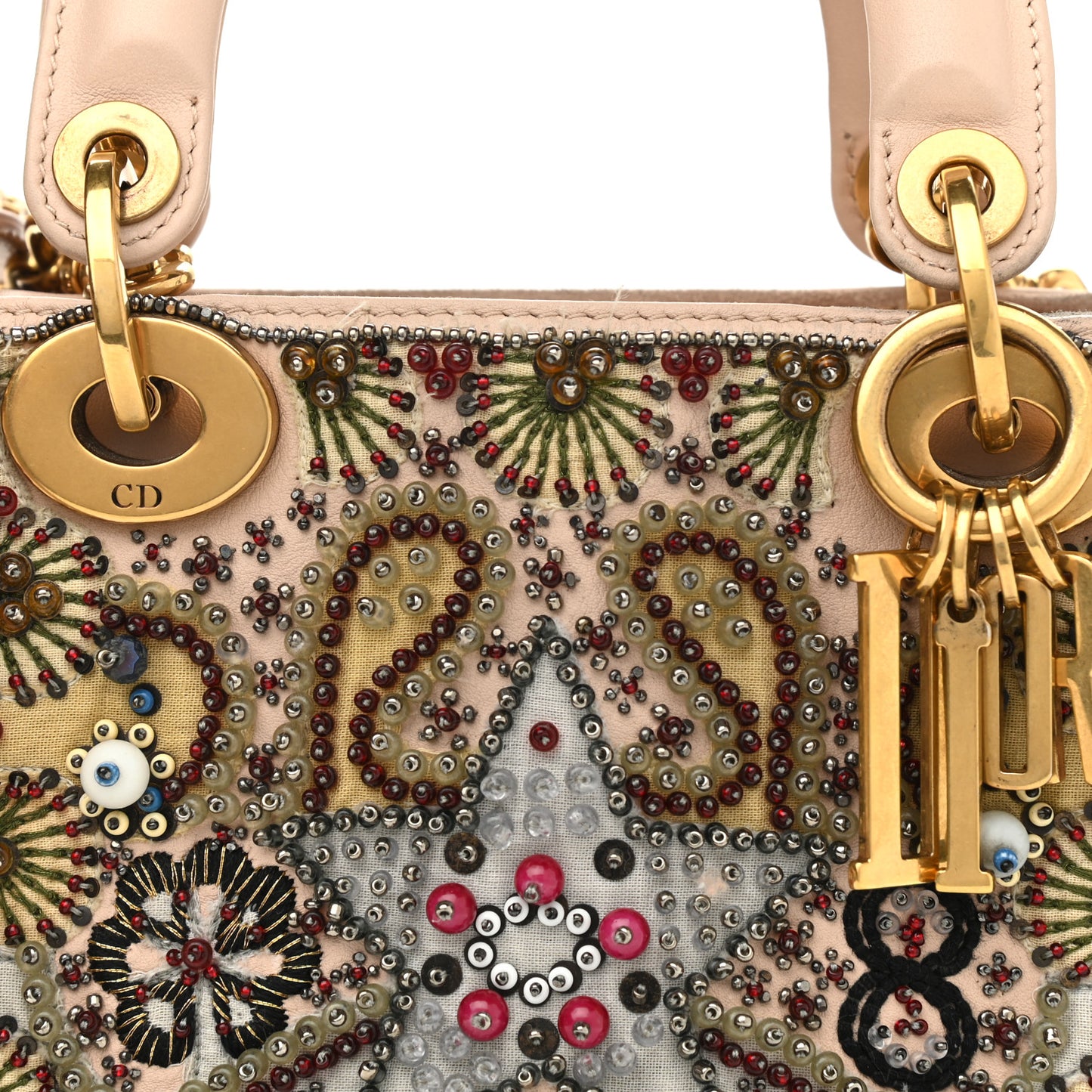 Calfskin Beaded Mini Lady Dior Beige Multicolor