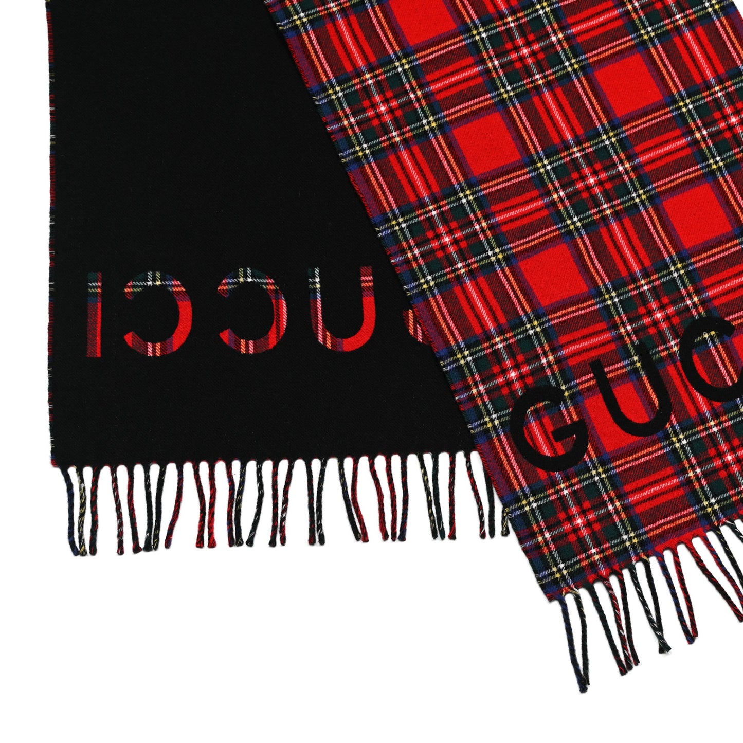 Cashmere Wool Logo Reversible Tartan Fringe Scarf Red Black