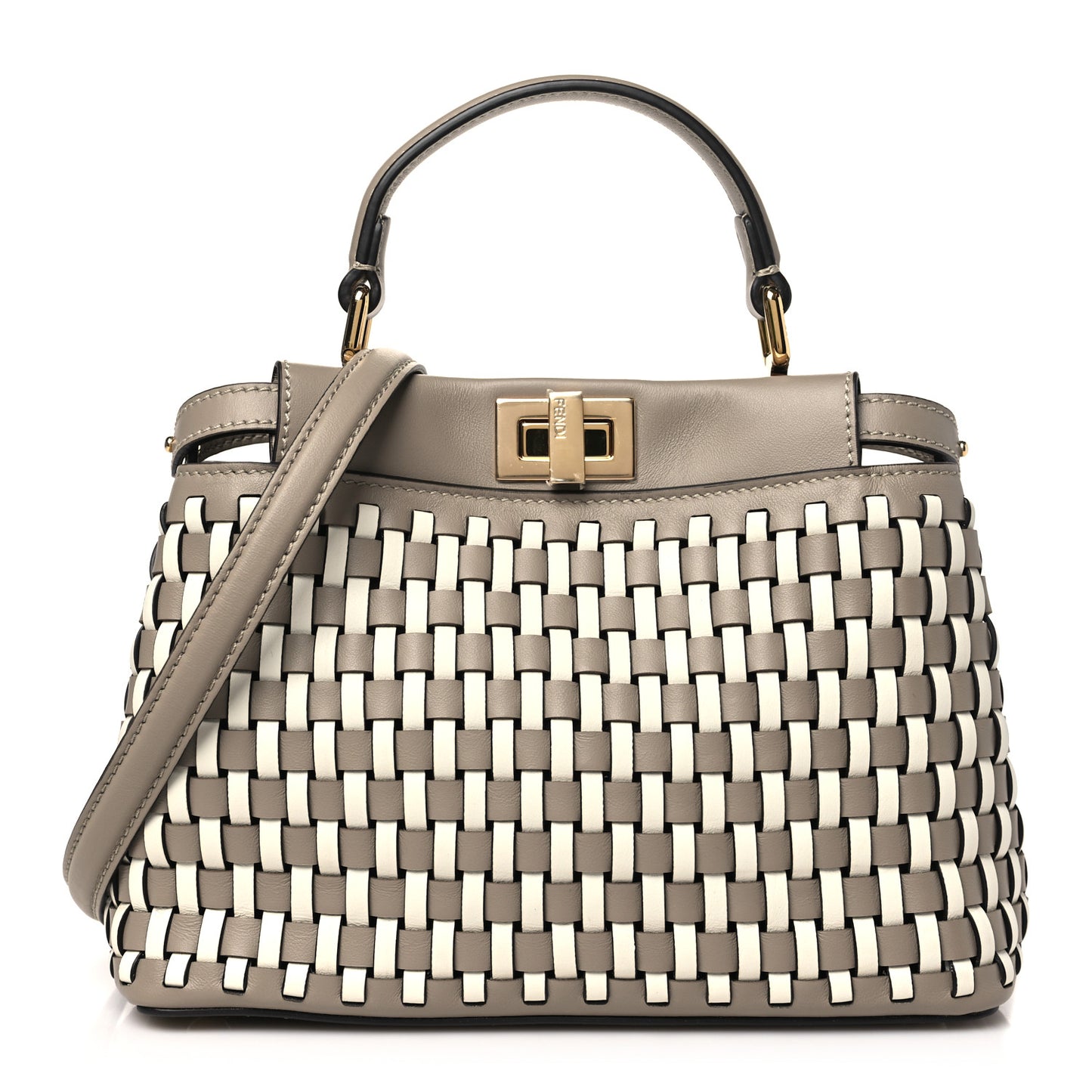 Calfskin Woven Mini Peekaboo Iconic Satchel Tortora White Ice