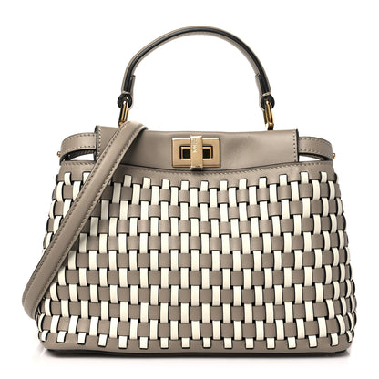 Fendi Calfskin Woven Mini Peekaboo Iconic Satchel Tortora White Ice 1 of 11