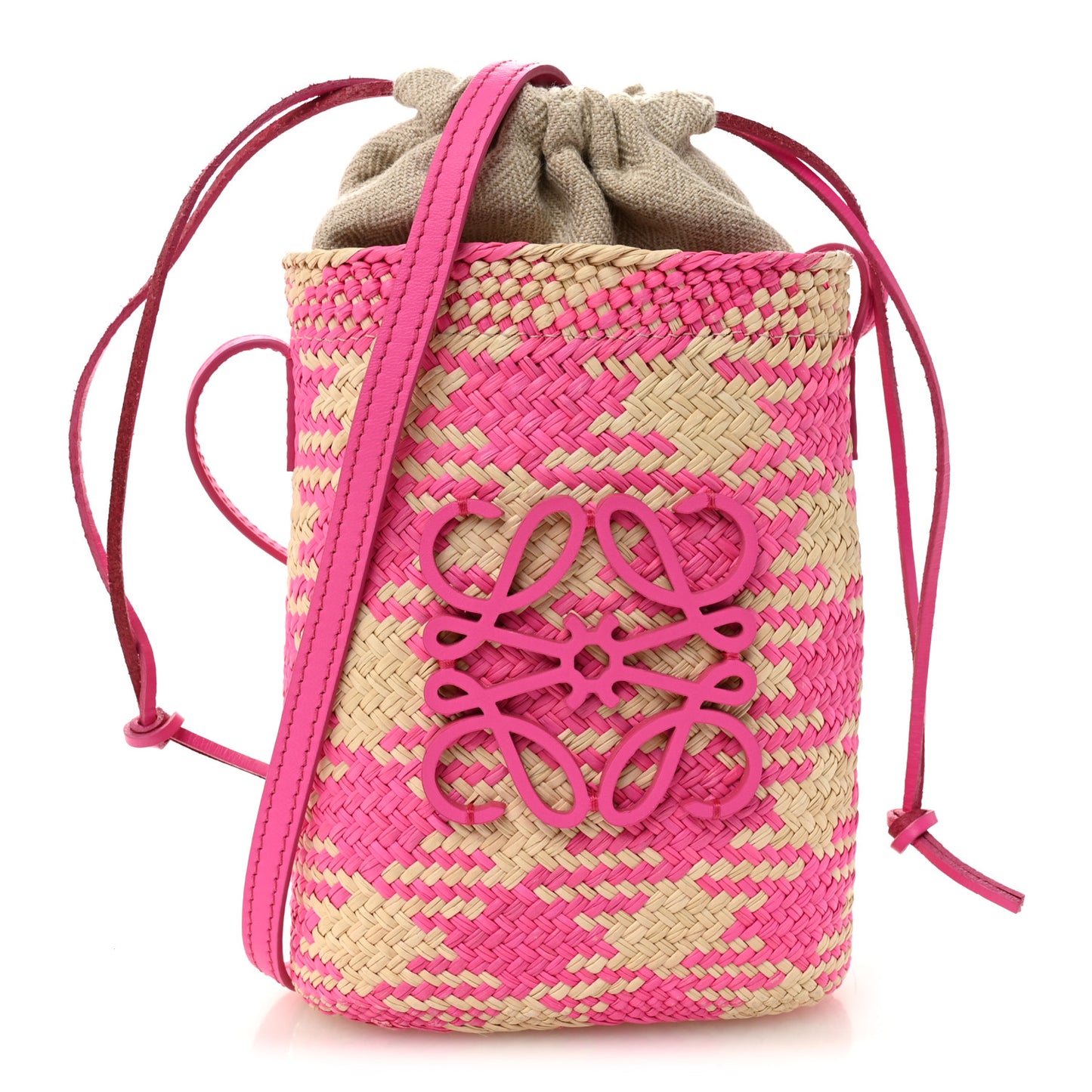 Iraca Palm Calfskin Anagram Square Pocket Bucket Bag Natural Fuchsia