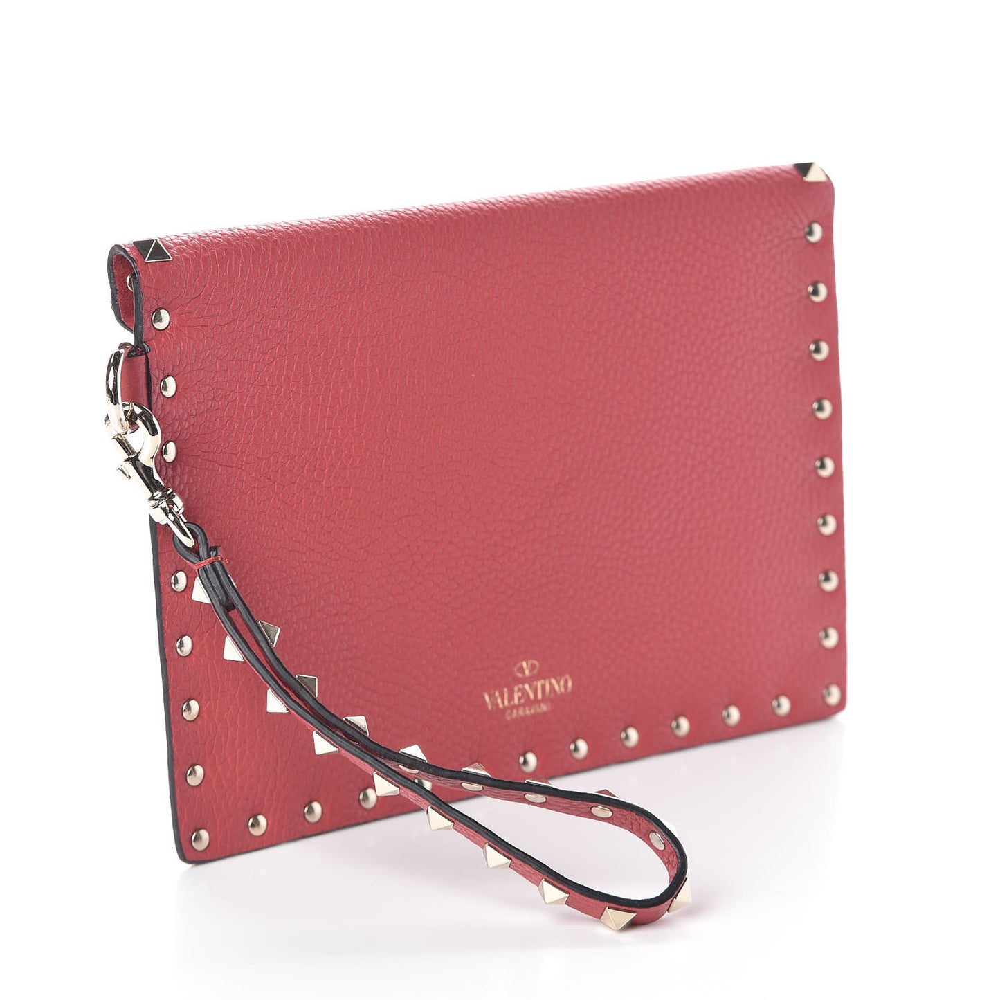 Pebbled Calfskin Medium Rockstud Envelope Flat Wristlet Pouch Red