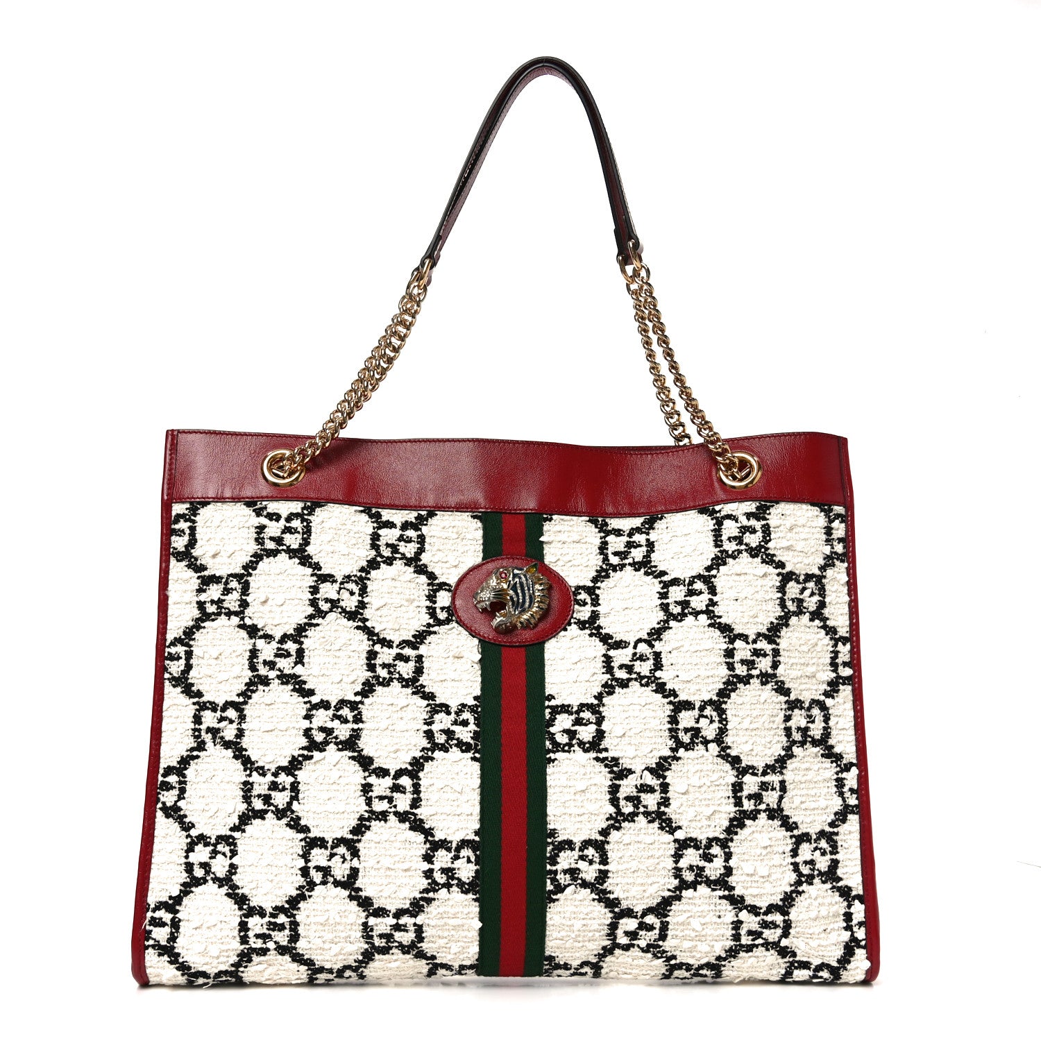 Gucci Tweed GG Monogram Large Rajah Chain Tote White Black Romantic Cherry 1 of 11