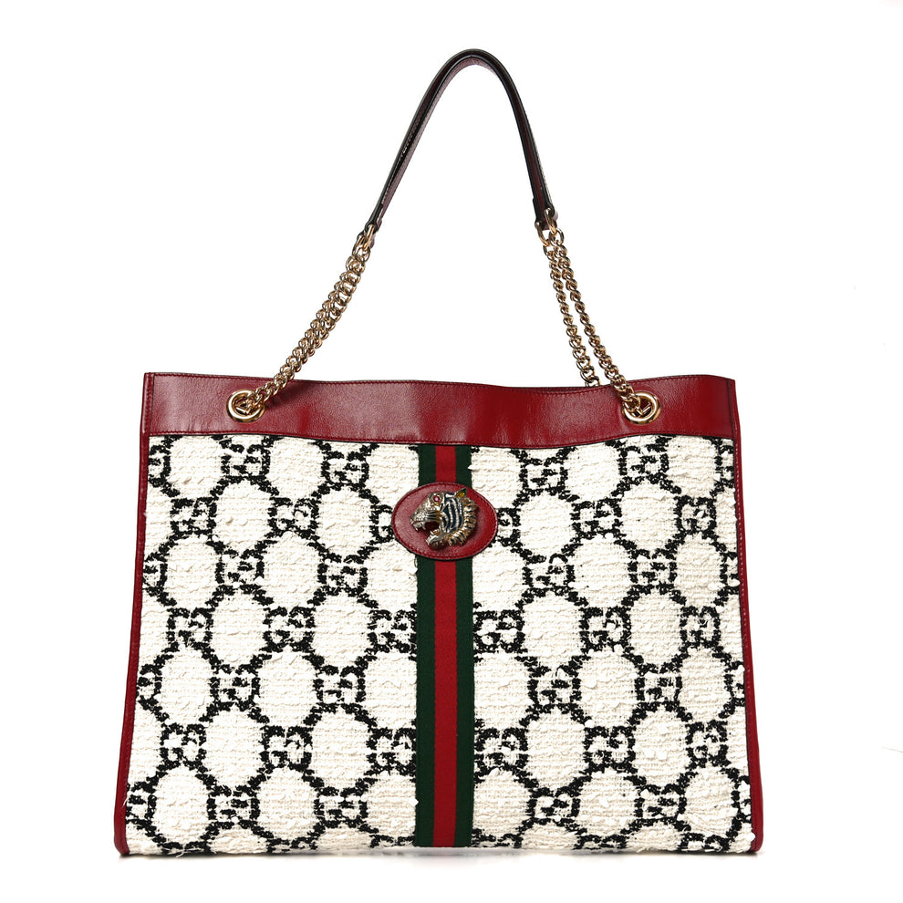 Gucci Tweed GG Monogram Large Rajah Chain Tote White Black Romantic ...