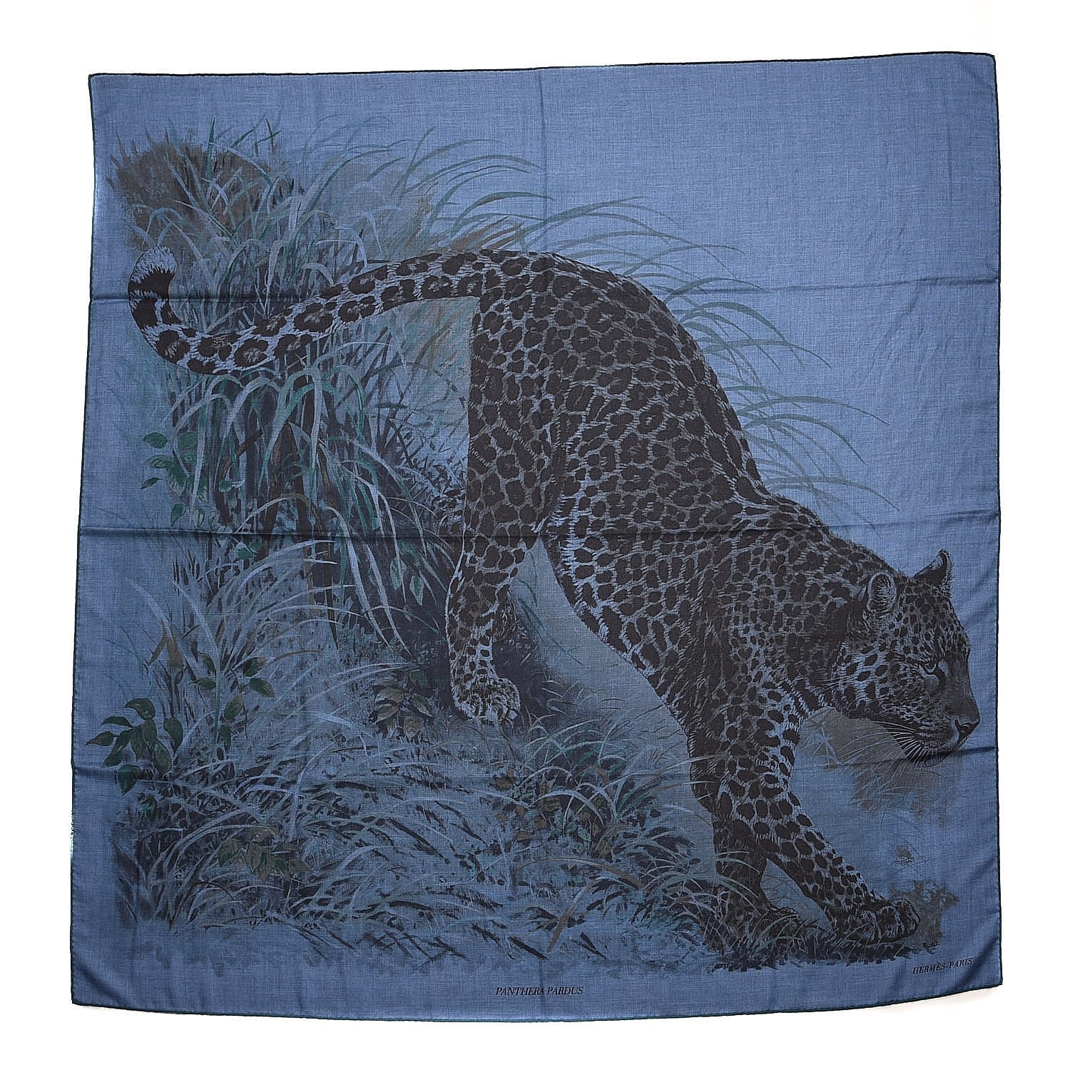 Hermes Cashmere Silk Panthera Pardus Shawl 140 Bleu Chine Anthracite Vert 1 of 5