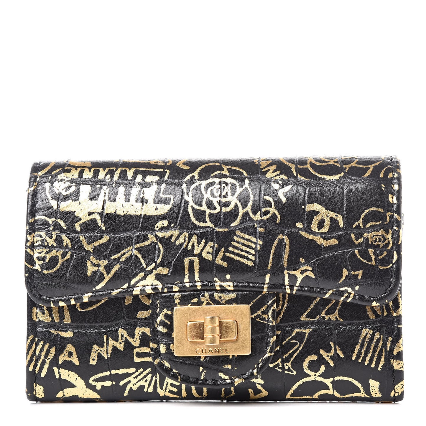 Calfskin Crocodile Embossed Graffiti 2.55 Cocodile Reissue Flap Card Holder Black Gold