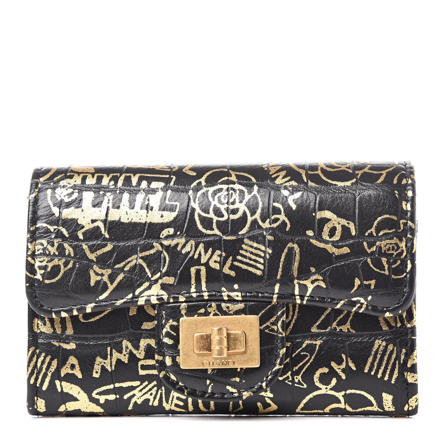 Chanel Calfskin Crocodile Embossed Graffiti 2.55 Cocodile Reissue Flap Card Holder Black Gold 1 of 12