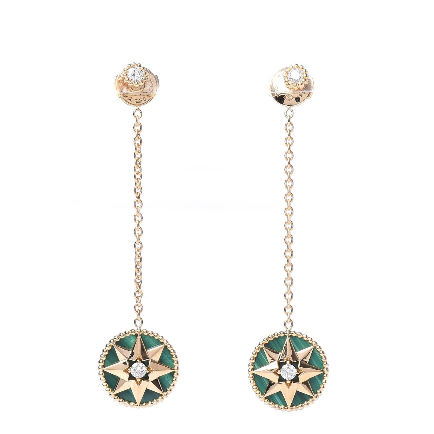 18K Yellow Gold Diamond Malachite Rose Des Vents Drop Earrings