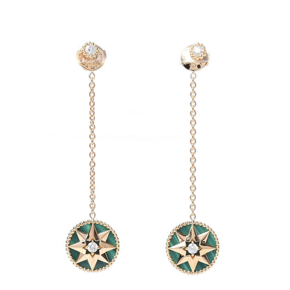 Christian Dior 18K Yellow Gold Diamond Malachite Rose Des Vents Drop Earrings 1 of 6