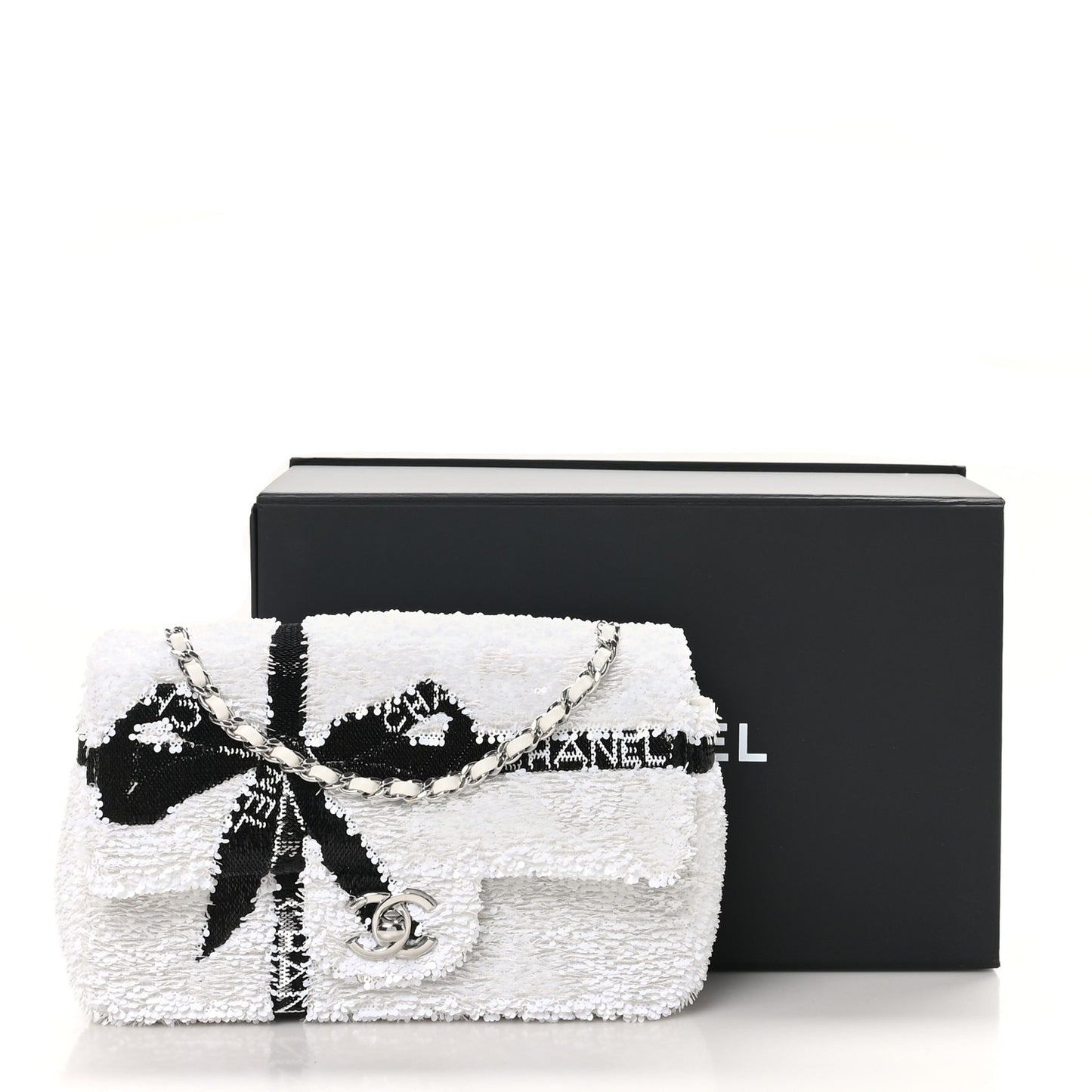 Sequin Ribbon Mini Rectangular Flap White Black
