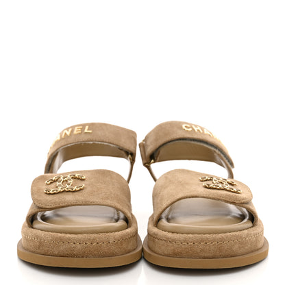 Chanel Suede Calfskin Velcro Dad Sandals 37.5 Beige 3 of 12
