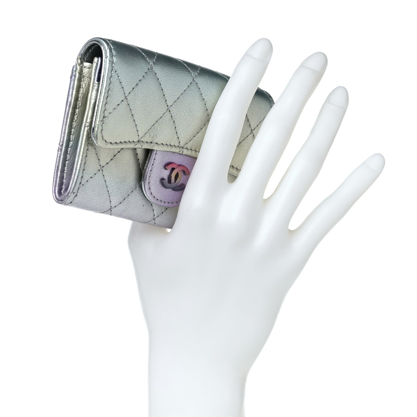 Gradient Metallic Calfskin Quilted Flap Card Holder Wallet Silver Blue Yellow Purple