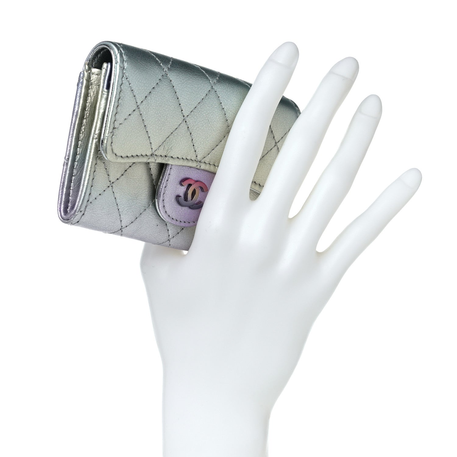 Chanel Gradient Metallic Calfskin Quilted Flap Card Holder Wallet Silver Blue Yellow Purple 2 of 9