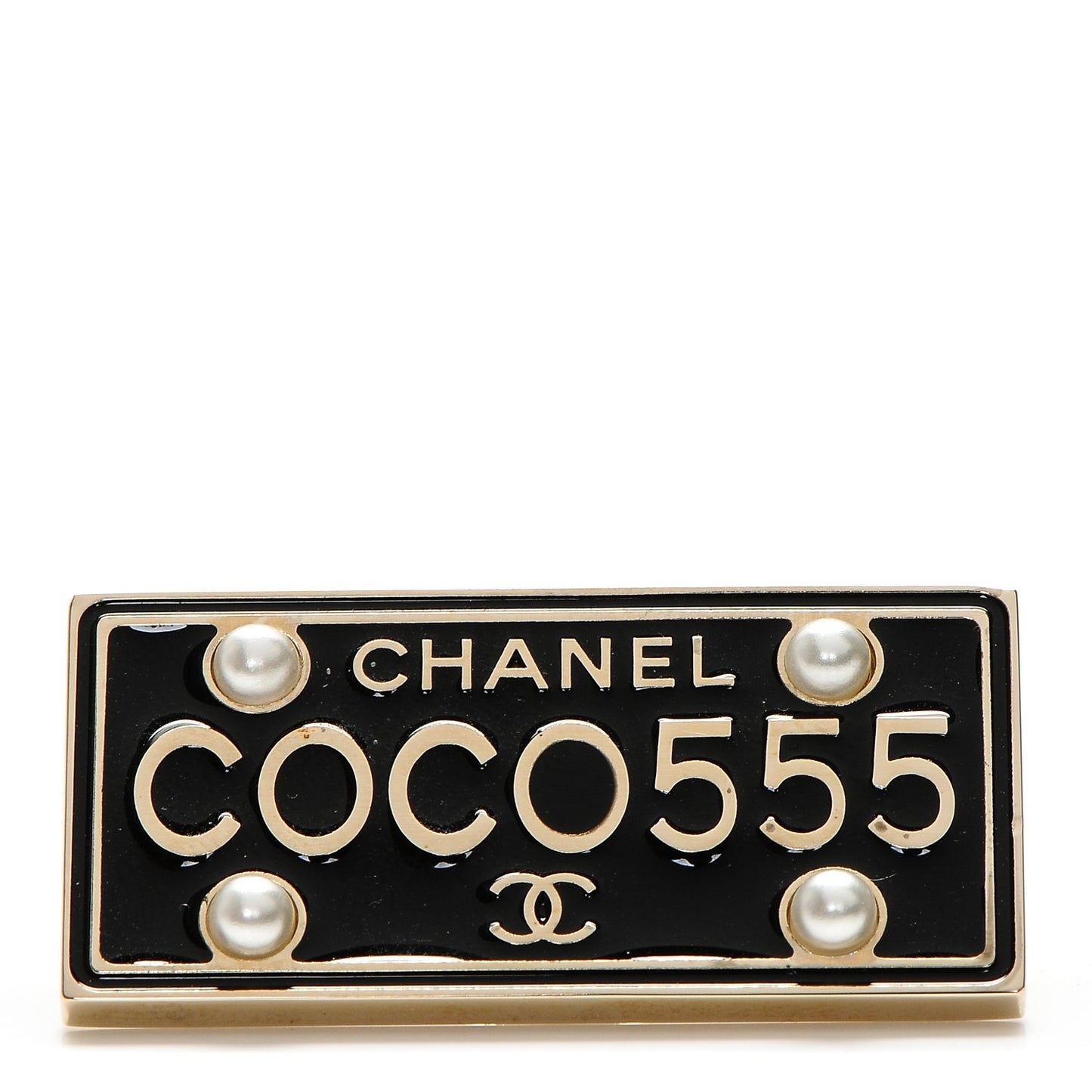 Metal Resin Pearl Coco License Plate Brooch Black Gold