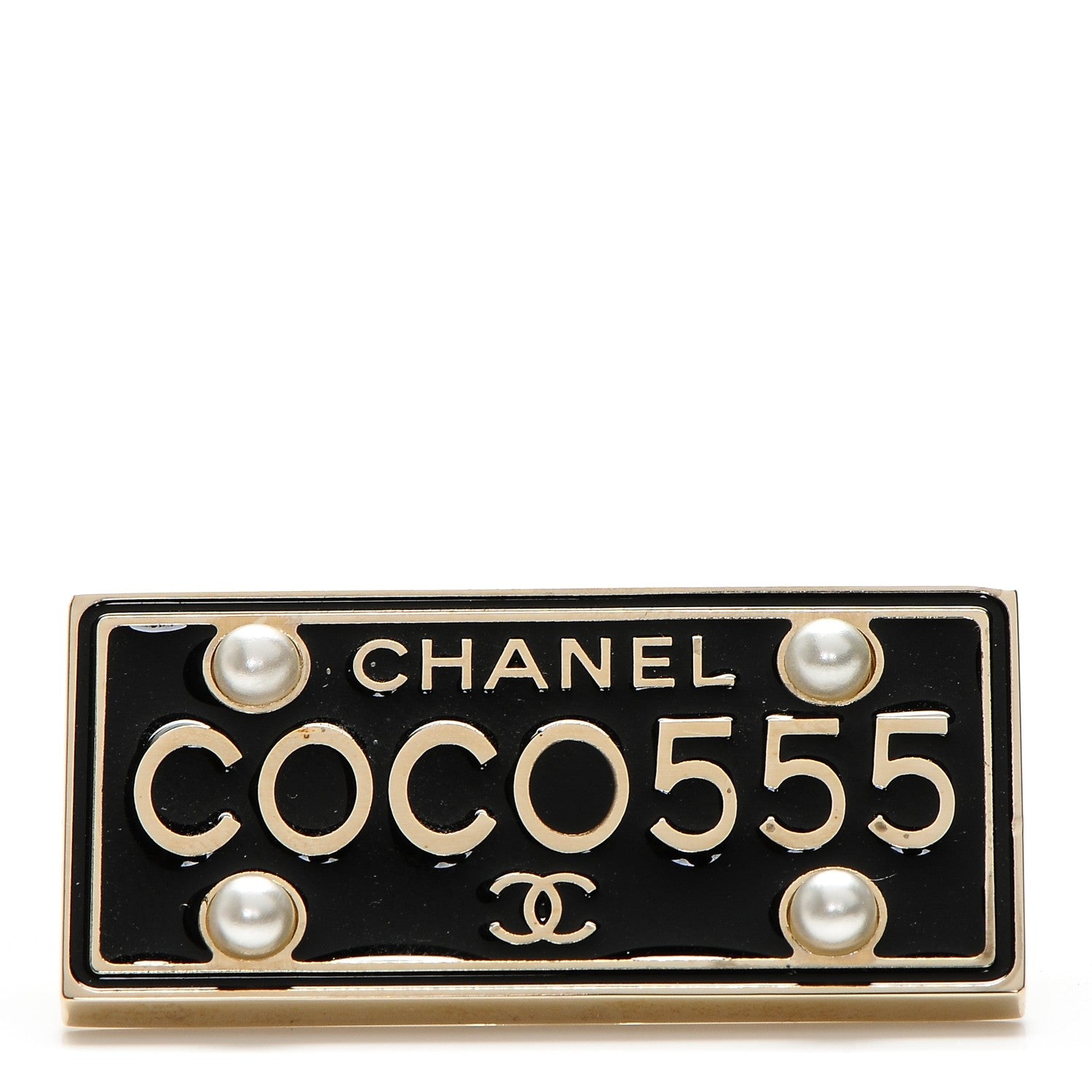 Chanel Metal Resin Pearl Coco License Plate Brooch Black Gold 1 of 5