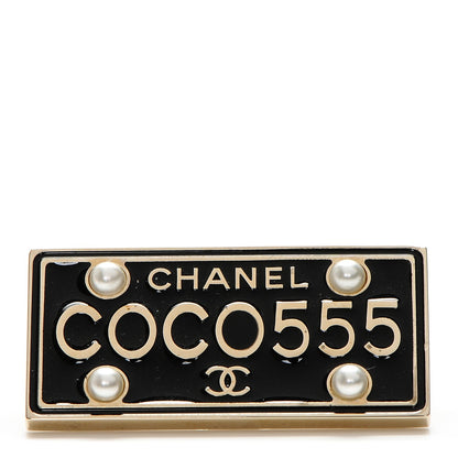 Chanel Metal Resin Pearl Coco License Plate Brooch Black Gold 1 of 5