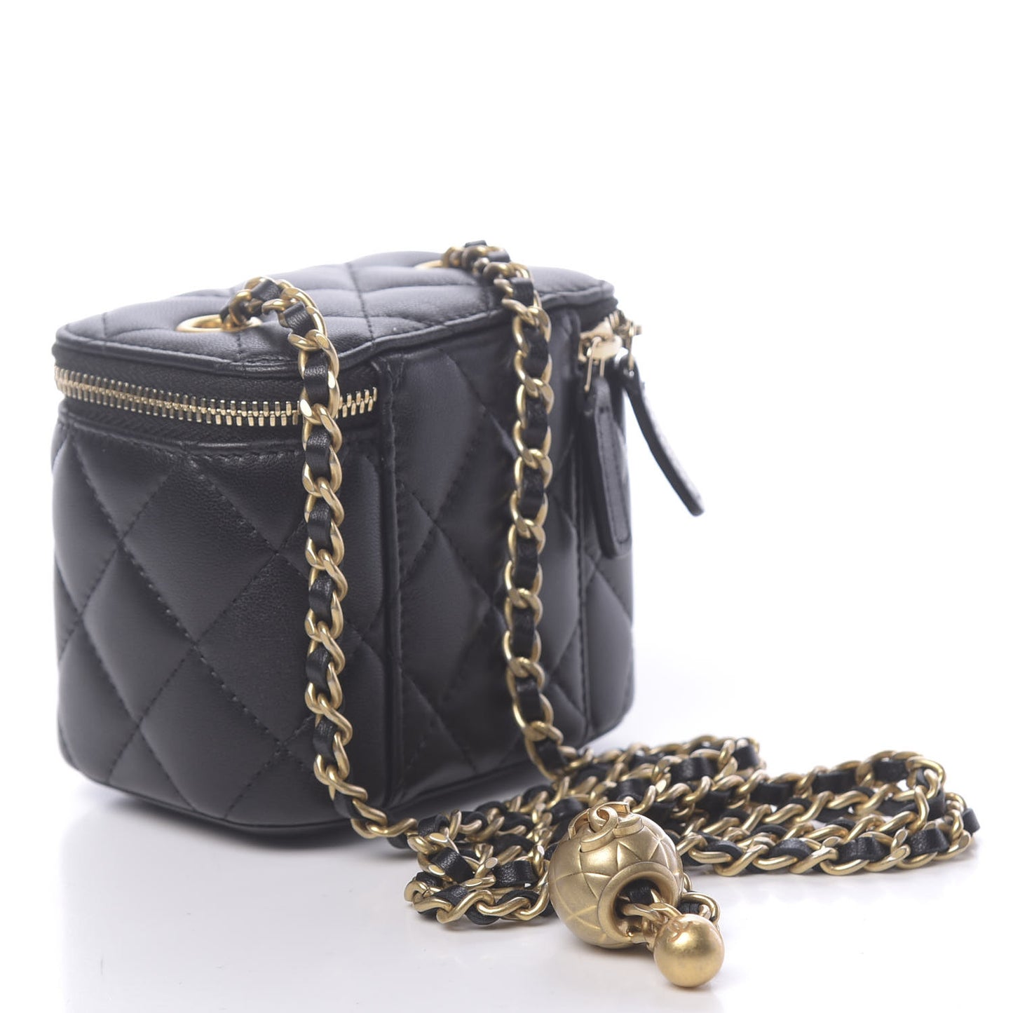 Lambskin Quilted Mini Pearl Crush Vanity Case With Chain Black