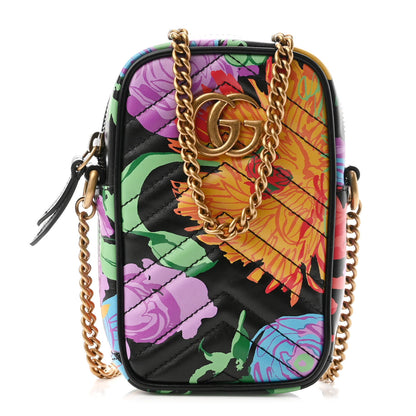 Gucci X KEN SCOTT Calfskin Matelasse Floral Infinity Mini GG Marmont Crossbody Bag Black Pink 1 of 10