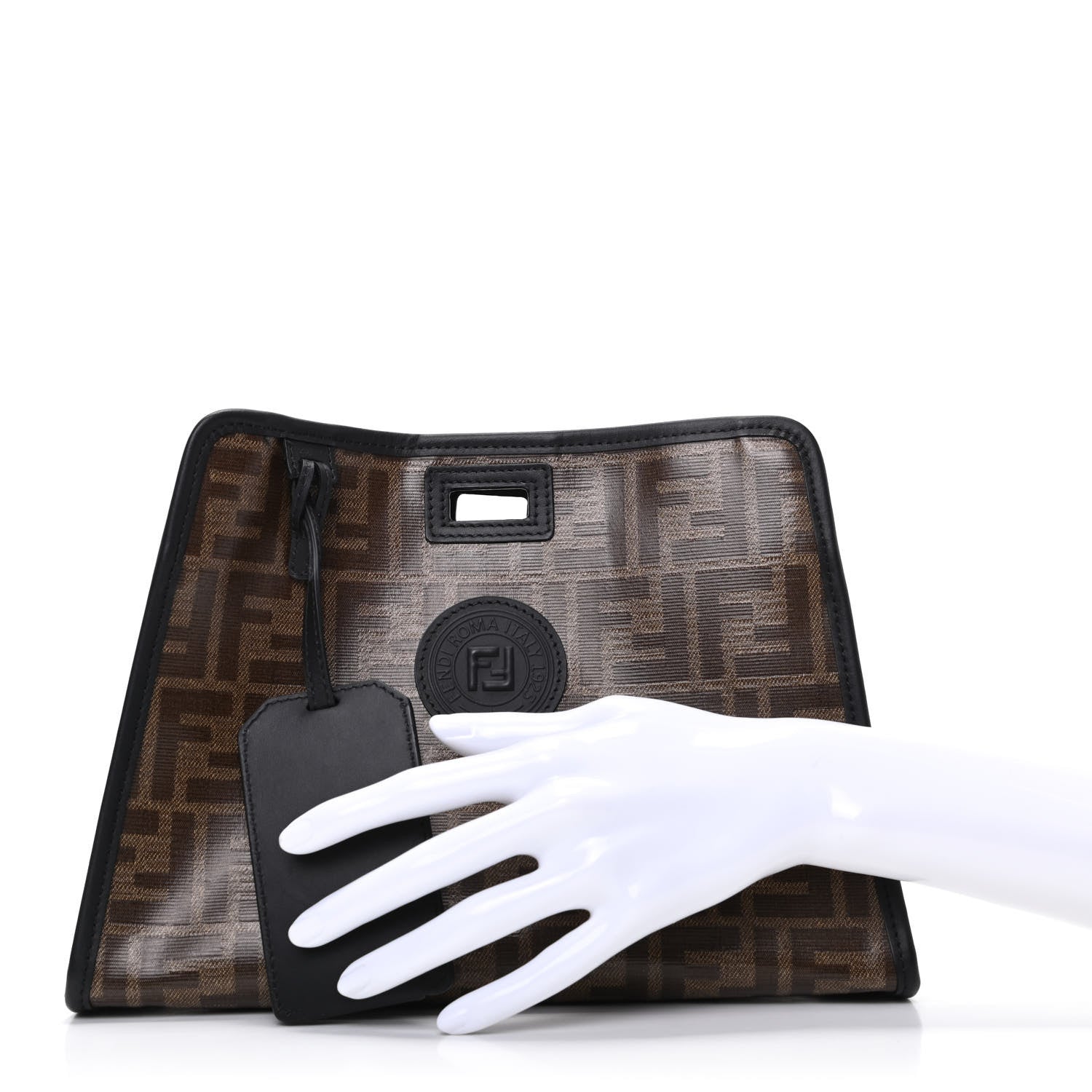 Fendi Glazed Fabric Vitello Century FF 1974 Stamp Patch Mini Peekaboo Defender Cover Mogano Panna Black 2 of 9