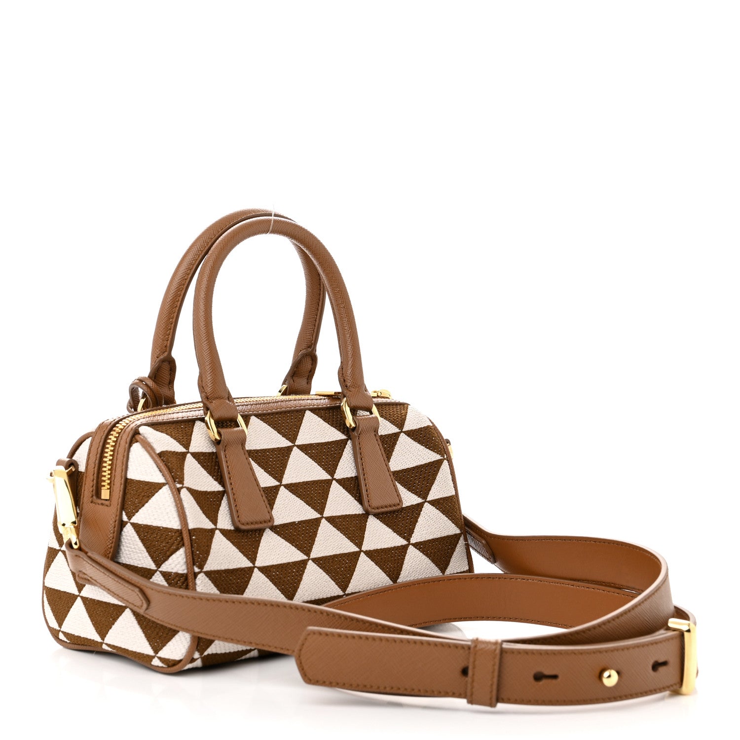 Prada Jacquard Saffiano Triangolo Symbole Embroidered Top Handle Crossbody Bag Tobacco Talco 3 of 10