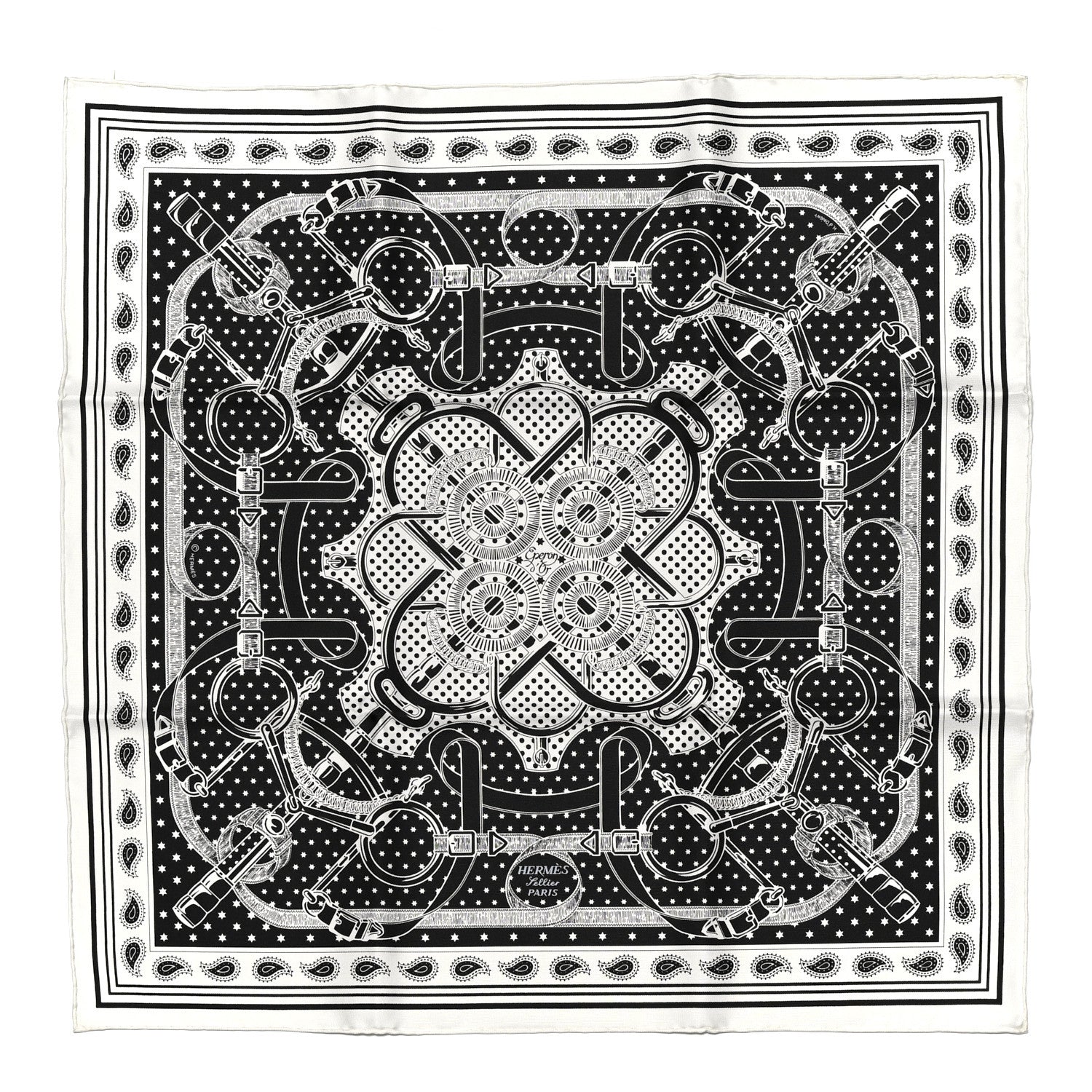 Hermes Silk Eperon D'Or Bandana Shawl 55 Black White 1 of 5