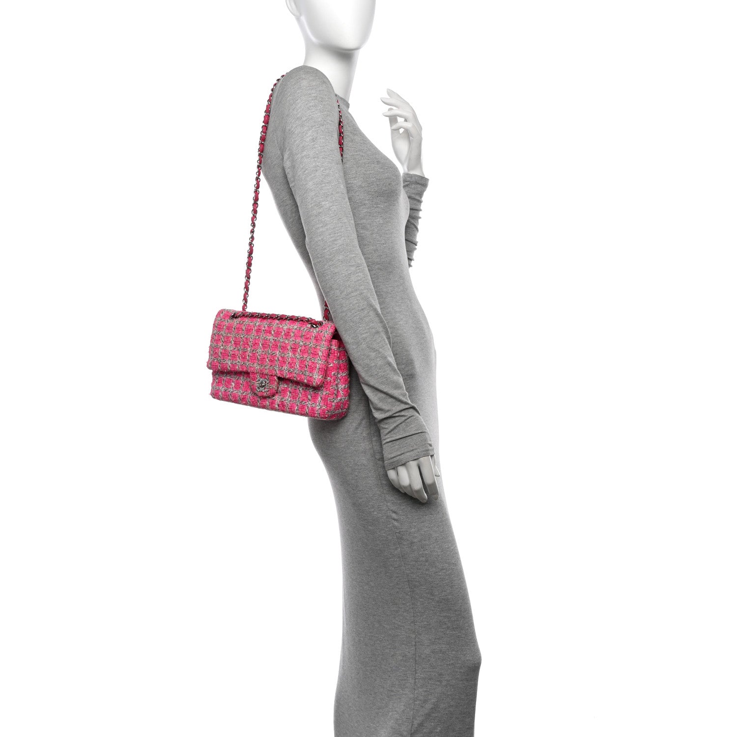 Chanel Tweed Quilted Medium Double Flap Hot Pink 2 of 13